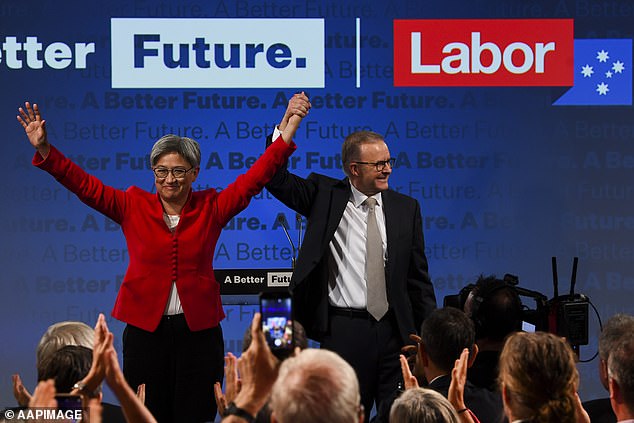 Of all the ministers close to Albo, it is Penny Wong who is closest to the PM. Above, the pair celebrate Labor's 2022 election win