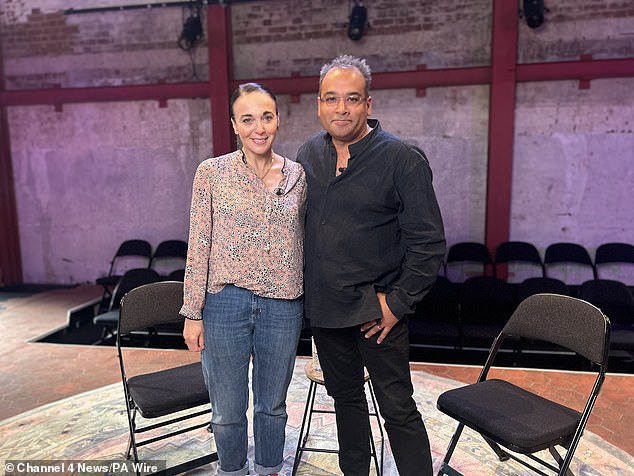 Amanda Abbington with Channel 4 News presenter Krishnan Guru-Murthy after an interview for Channel 4 in July