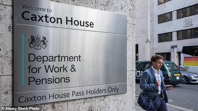 Signs outside the entrance to Caxton House at the Department for Work and Pensions (DWP), Tothill Street, London, SW1, England, UK