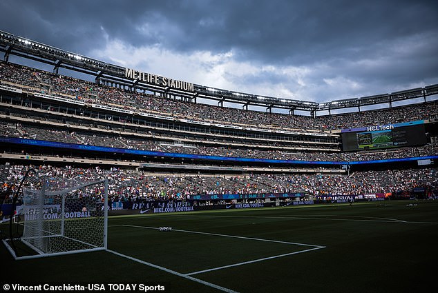 Clouds gathered over MetLife Stadium before the game was stopped for an hour due to a storm