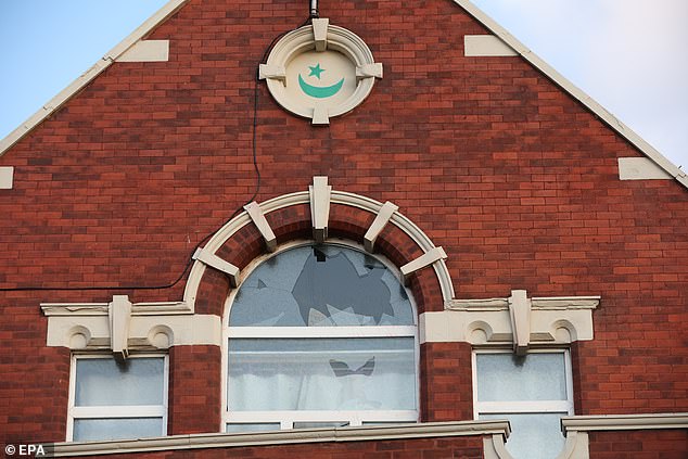 Damage to the Southport Islamic Society Mosque after rioters gathered around the sacred building