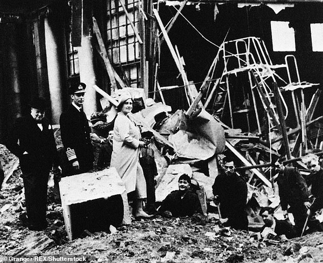 When a bomb landed and exploded on Buckingham Palace, the Queen Mother declared: 'Now I can look the East End in the eye'. Above: Queen Elizabeth and King George inspect the damage to Buckingham Palace with Prime Minister Winston Churchill after a bombing raid, September 1940