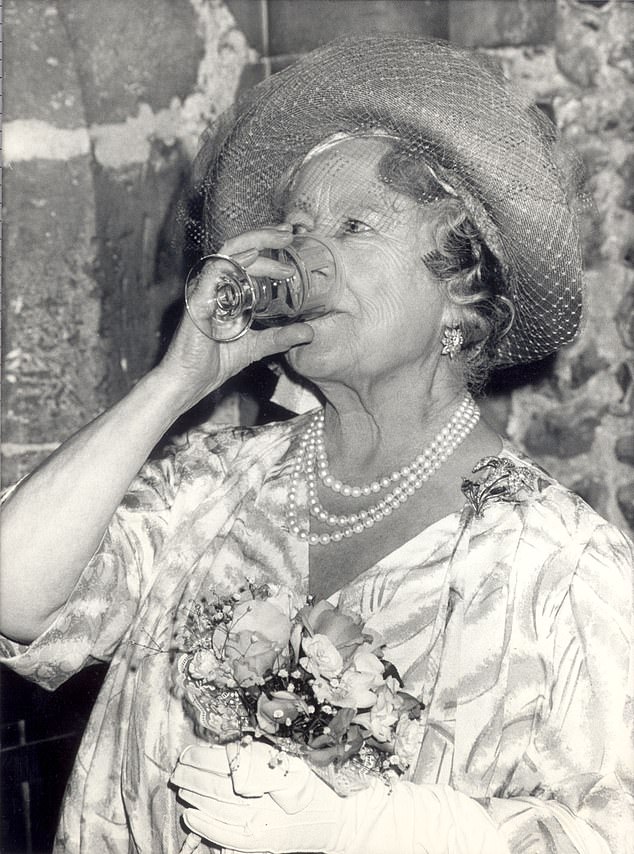 Alcohol played a major role in her life, prompting one equerry to describe her not as an alcoholic but as 'a devoted drinker'. Above: The Queen Mother enjoys a drink as she takes part in the traditional 'Wayfairers Dole' at the Hospital of St Cross, Winchester, 1986