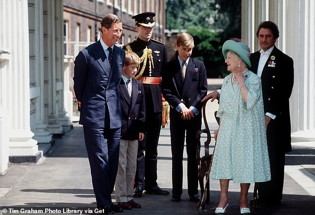 The Queen Mother celebrates her 95th birthday with her butler William 'Backstairs Billy' Tallon, grandson Prince Charles and great-grandsons Prince Harry and Prince William, the former Prince of Wales, with Prince Harry and Prince William, 1995