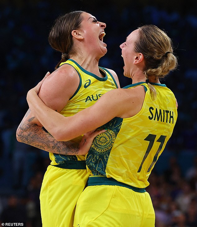 The victory was celebrated by stars Alanna Smith (right) and Cayla George, who celebrated wildly on the court, meaning the Opals did not have to face the mighty USA in the quarter-finals.