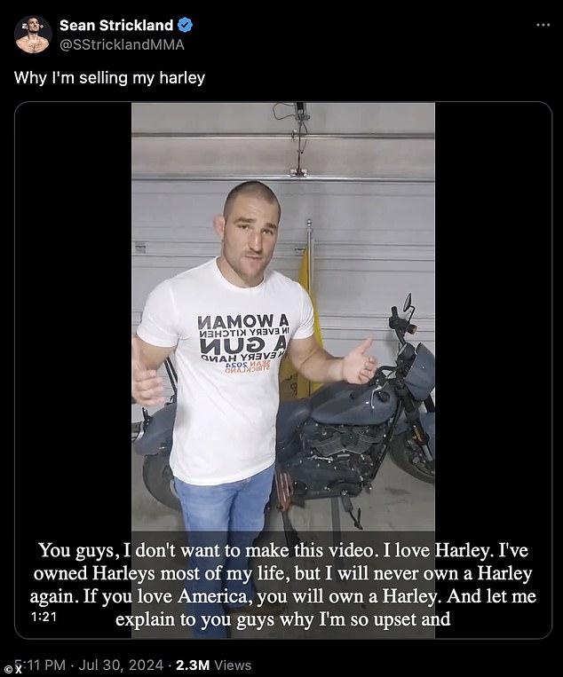 Sean Strickland, former Ultimate Fighting Championship middleweight champion and an avid Harley enthusiast, shared a video in which he says he's ditching his Harley