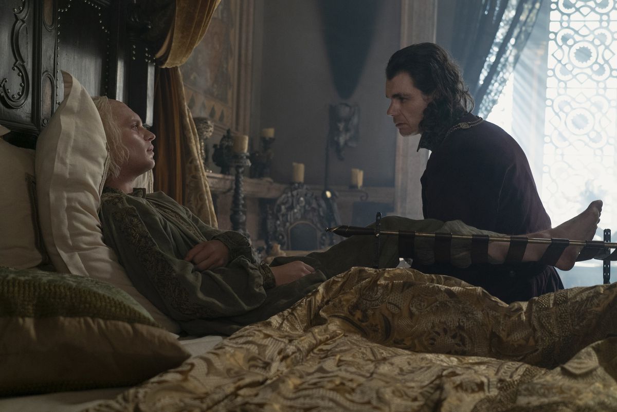 Aegon talks to Larys while he is in bed in the season finale of House of the Dragon 2 