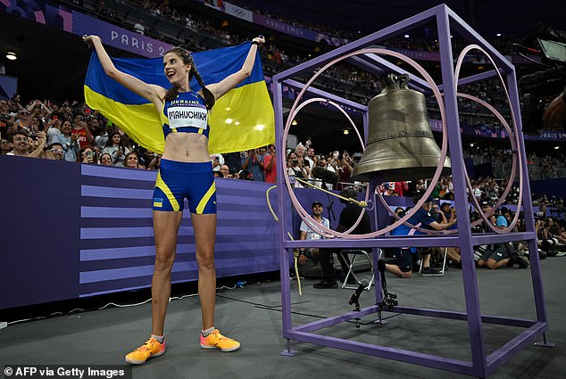 Gold medalist Yaroslava Mahuchikh also rang the bell, which will be moved to Notre Dame Cathedral after the Olympics