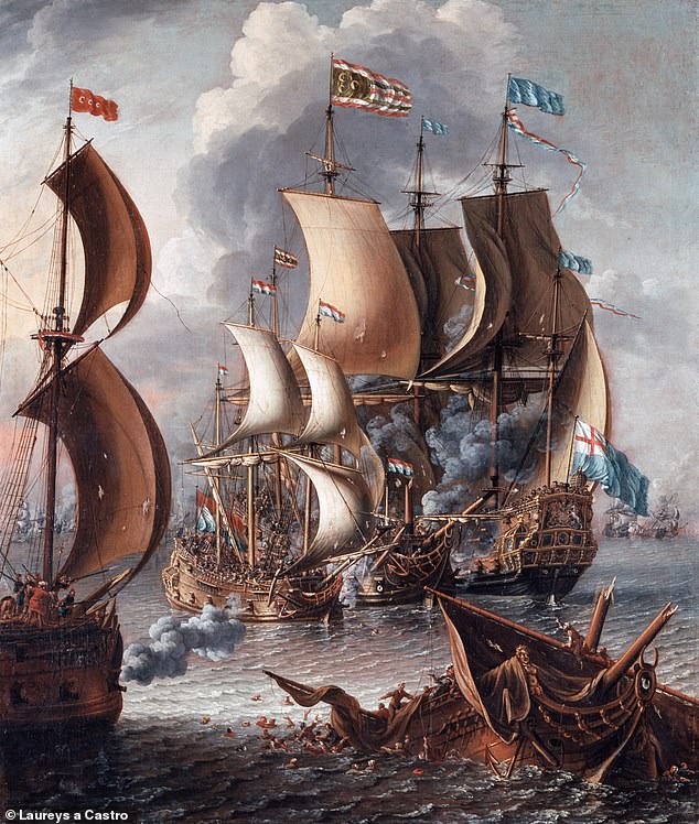 A 1681 painting by Flemish painter Laureys a Castro depicting a naval battle between European ships and Barbary privateers