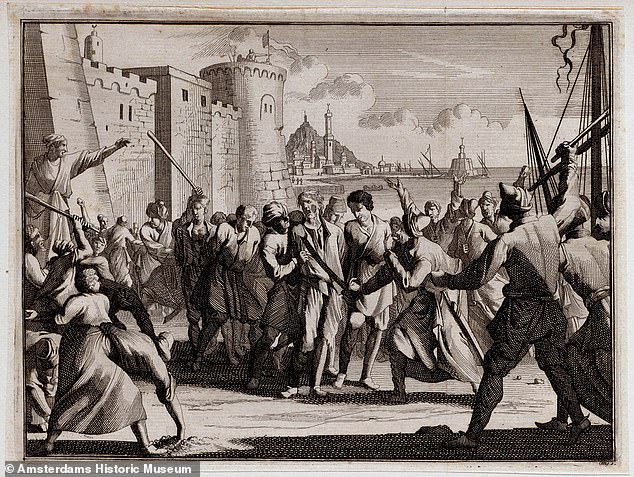 An illustration shows enslaved Christians captured by privateers arriving at the port of Algiers to be ransomed