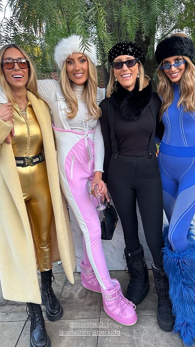 Bec and her sister Kate Twigley dressed to impress in tight bodysuits paired with thigh-high furry boots for Lorinska's ski chalet-themed birthday party