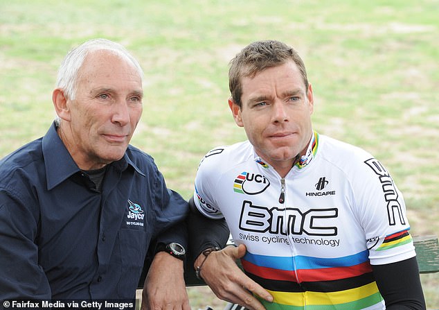 Liggett is pictured with Australian Tour de France winner Cadel Evans - one of many cycling greats he has commentated on