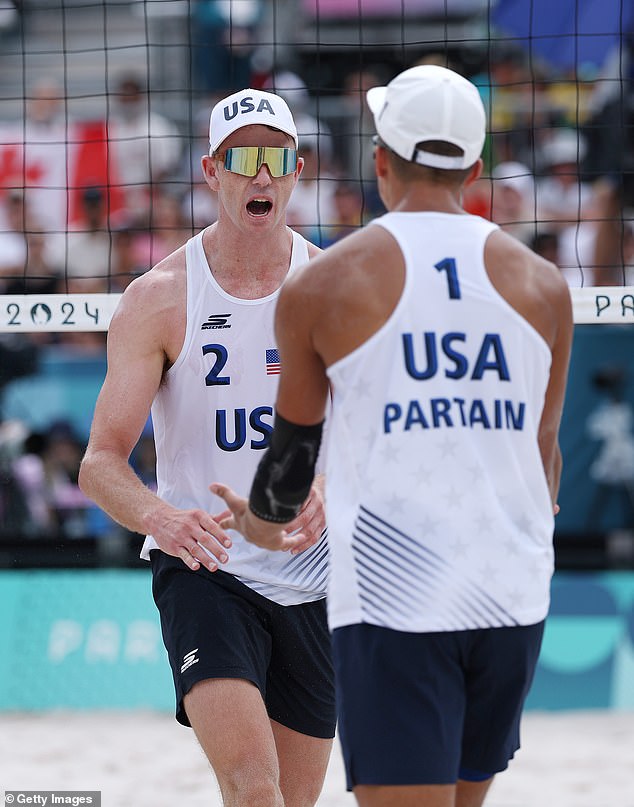 Male athletes wear loose tank tops and shorts - a stark difference from their female counterparts. Above: Andrew Benesh of Team United States celebrates with teammate Miles Partain last week