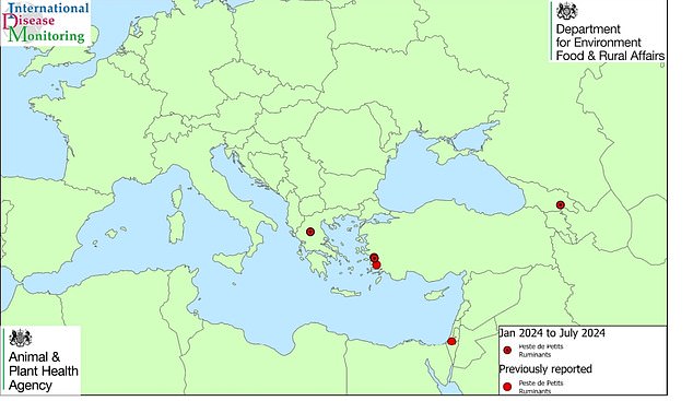 This map from the Department for Environment, Food and Rural Affairs shows where PPR has been reported in the European region. Red dots with a black spot indicate outbreaks recorded so far this year, while sold red dots indicate earlier incidents.