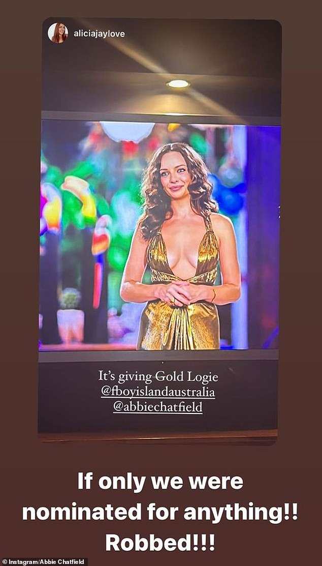 The glittering dress hugged her incredible figure, with one fan commenting on Instagram: 'It gives gold Logie'. Abbie was quick to reshare the post, with her own cutting comment under the image