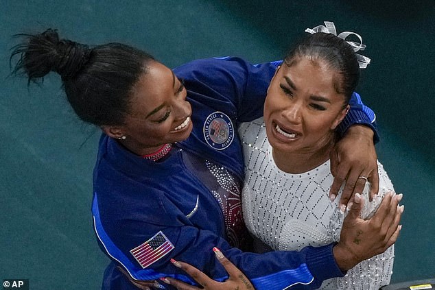 Teammate Jordan Chiles (right) was in tears after winning the bronze in dramatic scenes