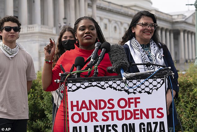 Rep. Cori Bush, D-Mo., and Rep. Rashida Tlaib, D-Mich., joined by students from George Washington University, speak during a news conference at the U.S. Capitol, Wednesday, May 8, 2024, in Washington, after police cleared a pro-Palestinian tent camp near George Washington University early Wednesday morning and arrested protesters.