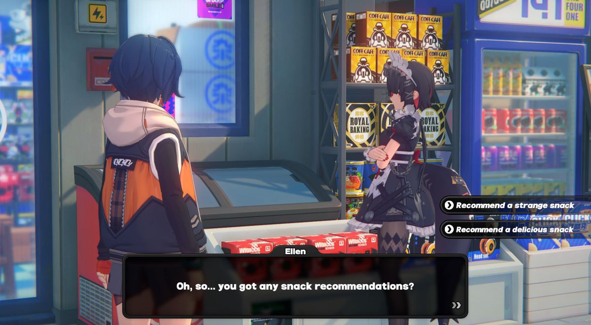 Ellen from Zenless Zone Zero asks for snack recommendations.