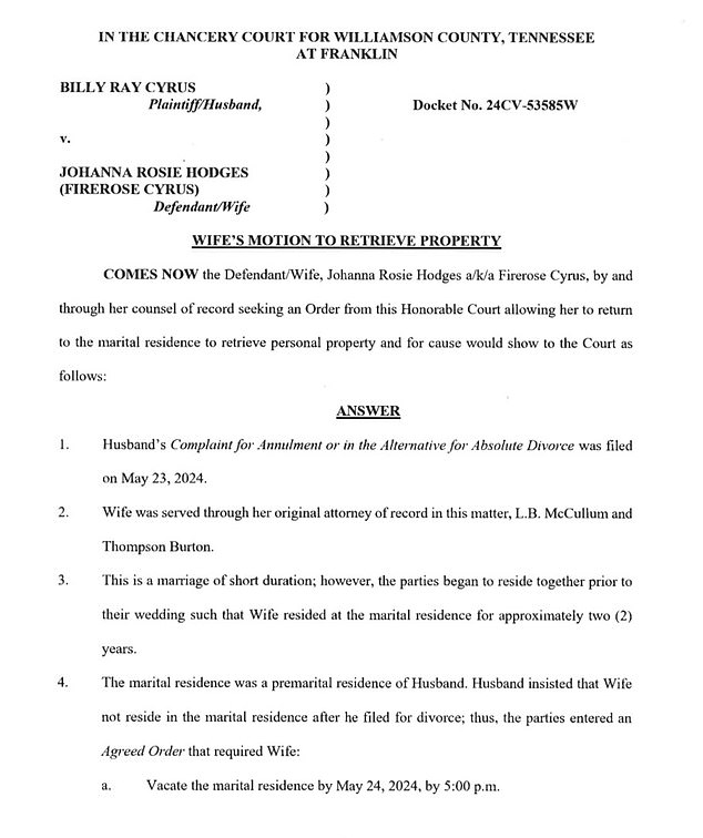 Firerose claims Billy Ray kicked her out of their marital home on May 23, 2024, immediately after he filed for divorce