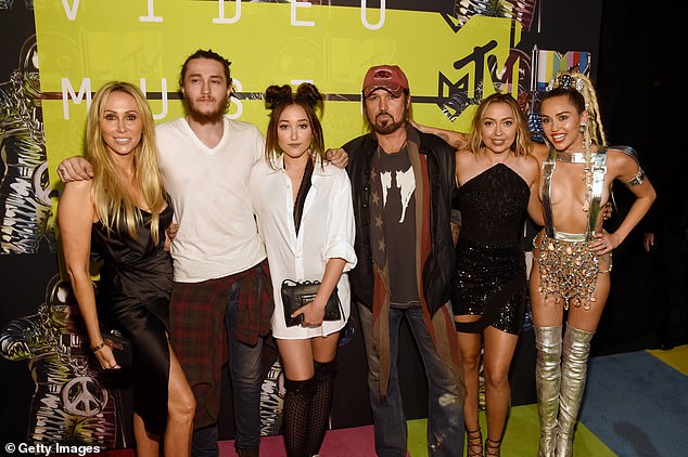 Billy Ray also has a tumultuous relationship with Tish Cyrus (far left), his ex-wife of over 30 years and the mother of three of his biological children - Miley, 31, (far right) Braison, 30, (second from left) and Noah, 24 (third from left). He is also the adoptive father of her two children, including Brandi, 37, (second from right)