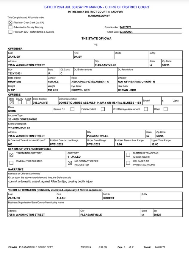 The suspect did indeed commit domestic violence against Allan Zantjer, causing him to suffer bodily harm, according to the charging document.