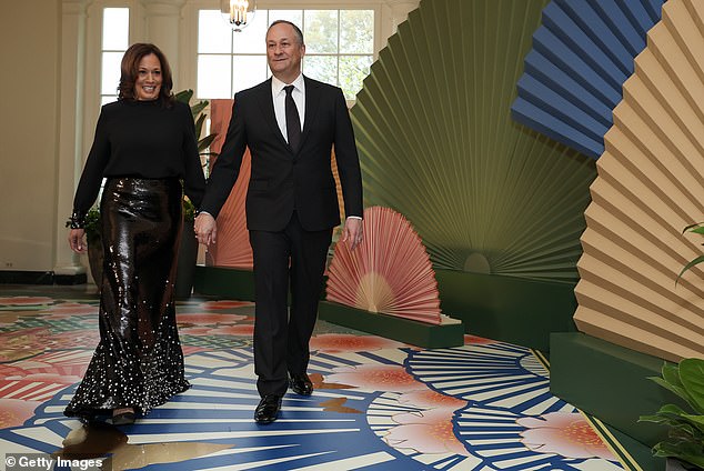 U.S. Vice President Kamala Harris and Second In Charge Doug Emhoff arrive at the White House for a state banquet on April 10, 2024