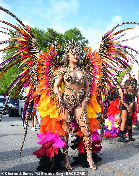 The Bajan beauty was practically bursting out of the rest of her costume, which was essentially a lavish, bejeweled monokini