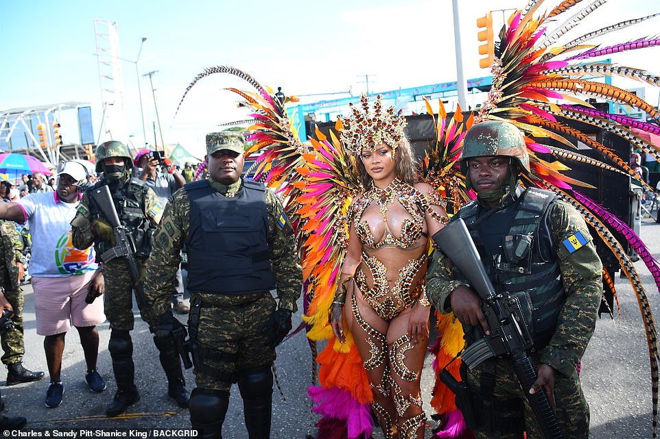 The men, who were also wearing bulletproof vests, appeared to be part of the Barbados military and were dressed in dark camouflage uniforms