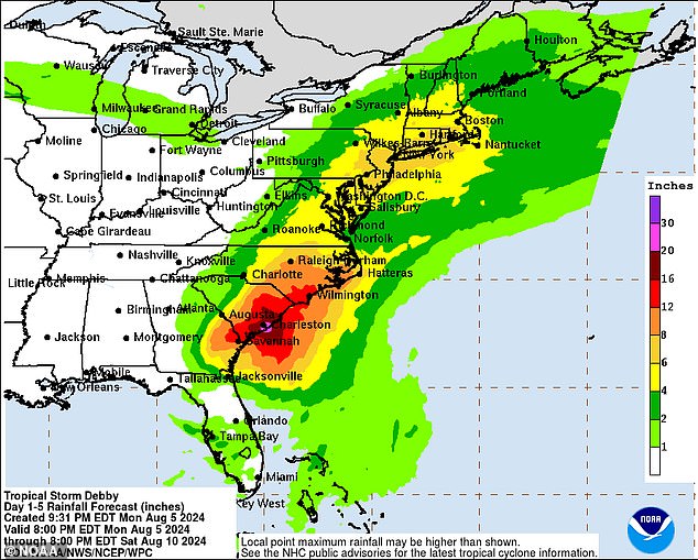 Debby's slow movement over land could bring 10 to 30 inches (25 to 75 centimeters) of rainfall to some areas, likely worsening the storm and causing further damage to roads, bridges and other key infrastructure.