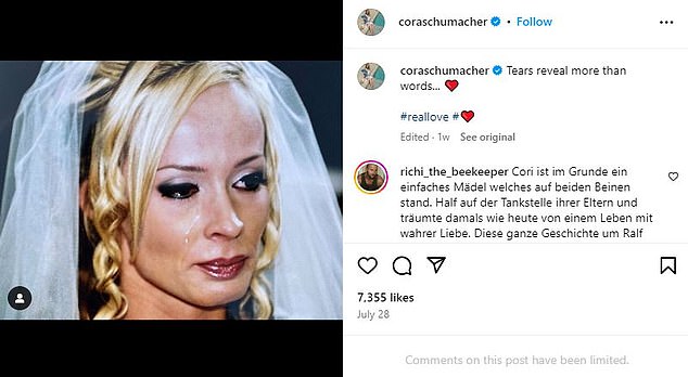 A few days later, his ex-wife Cora shared a cryptic photo of herself as a bride in tears after the public announcement