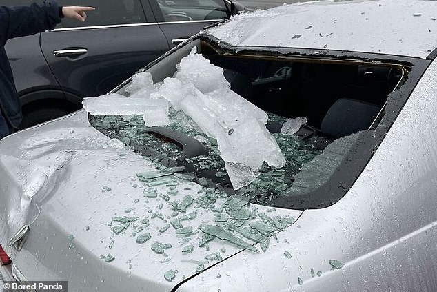 Another person left his office job to find that a large chunk of ice had fallen on his rear window, completely shattering it