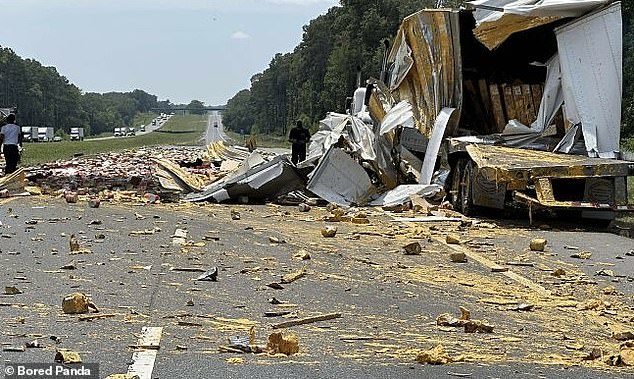 Meanwhile, a truck full of canned food ended up in a jackknife on the highway in an accident believed to have occurred in North America