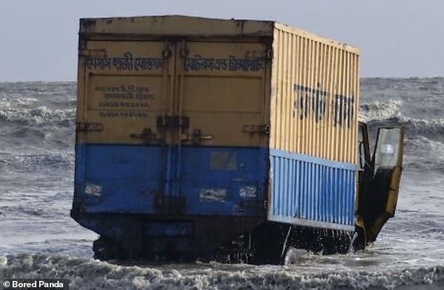 In a more serious looking accident, it appears that someone forgot that shipping containers are actually supposed to be on a cargo ship before they end up in the sea