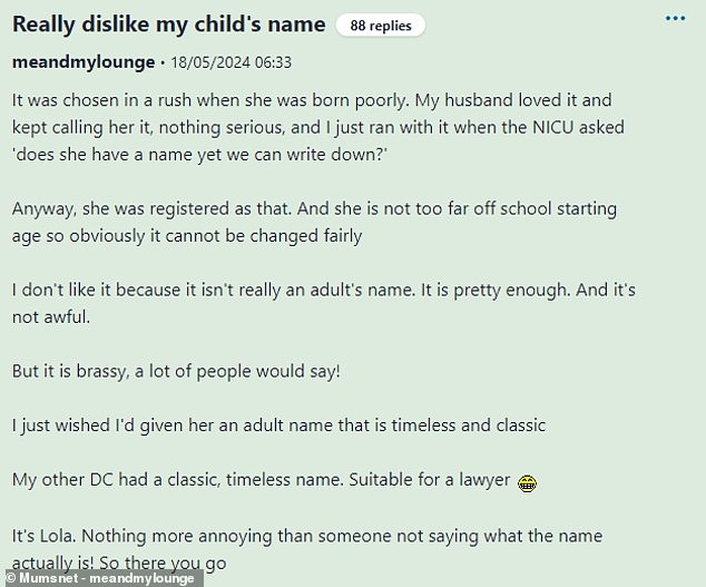 A British mother has held no back in sharing her baby name regrets with the online community after admitting she 'didn't like' the name she hastily picked for her daughter