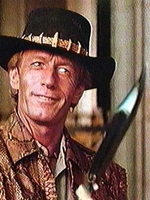 Jake's grandfather Paul Hogan, above, as Crocodile Dundee