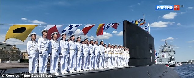 The image shows members of the Russian Navy during the parade in honor of Navy Day on July 28.