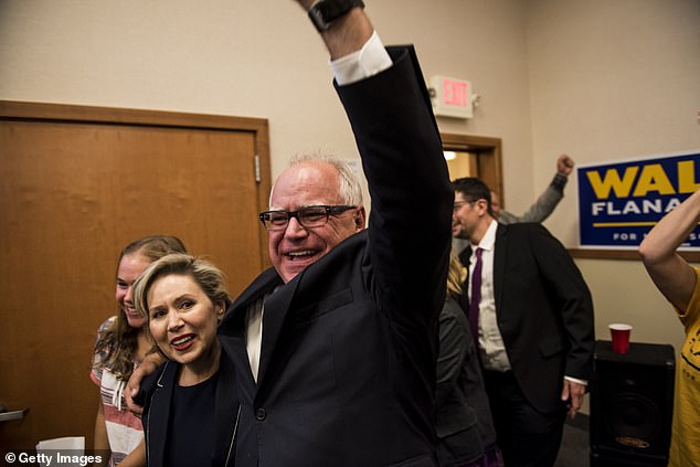 Gwen Walz (left) and Tim Walz (right) on primary night in August 2018. Walz won the Minnesota Democratic-Farmer-Labor Party primary and went on to win the general election.