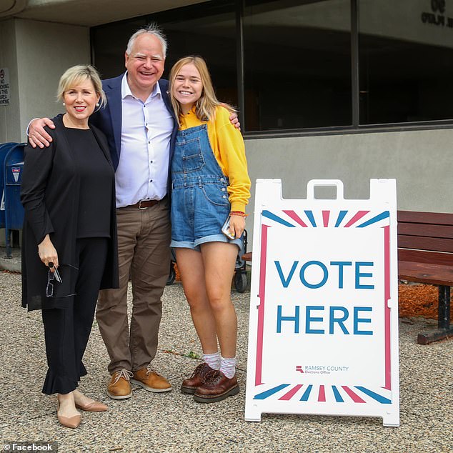 Gwen Walz (left), with her husband, Minnesota Governor Tim Walz (center) and their daughter Hope (right)