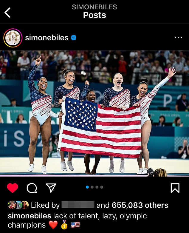 Simone Biles captioned her celebratory post with a veiled photo of a former Team USA member