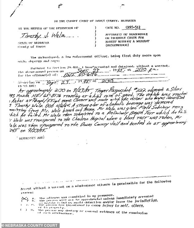 A police report of the incident shows that Walz failed a field sobriety test and a preliminary breath test before being taken to Chadron Hospital for a blood test on September 23, 1995.