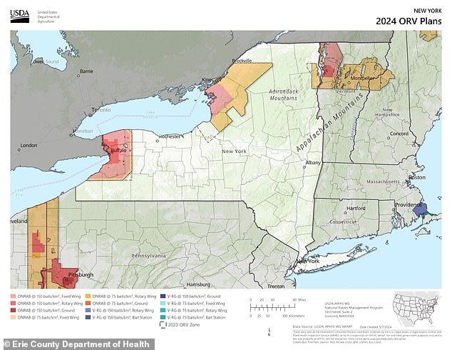 This map shows where and how rabies vaccines and kits are delivered in New York State.