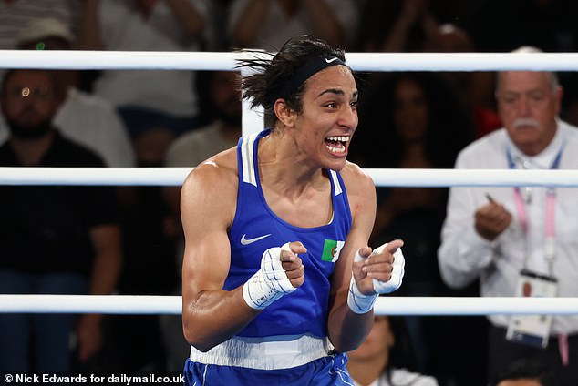 Algeria's Imane Khelif celebrates her victory over Thailand's Janjaem Suwannapheng in their women's 66kg boxing semi-final match