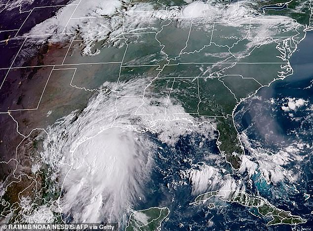 A satellite image of a tropical storm off the coast of the US state of Texas