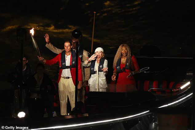 Williams (right) was part of the opening ceremony when she shared a boat with Rafael Nadal, Carl Lewis and Nadia Comaneci