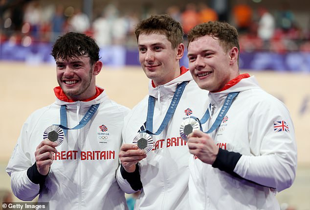 Team GB cyclists Ed Lowe, Hamish Turnbull and Jack Carlin (LR) finished second in the men's team sprint