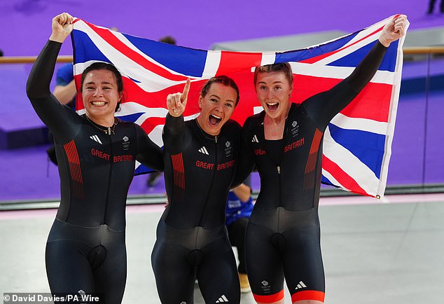 The Team GB cycling team of Sophie Capewell, Katy Marchant and Emma Finucane proudly hold a flag aloft in celebration