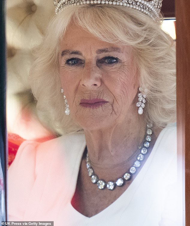 The diamond Collet Necklace, worn by Queen Camilla, is set with 31 graduated old-mine cut Golconda diamonds and the stunning diamond earrings, also worn on her birthday, were part of what has become known as the Modern Diamond Suite