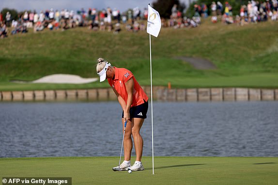 Britain's Charley Hull competes in the first round of the women's individual stroke play at the Paris 2024 Olympic Games at Le Golf National in Guyancourt, southwest of Paris, on August 7, 2024. (Photo by Emmanuel DUNAND / AFP) (Photo by EMMANUEL DUNAND/AFP via Getty Images)