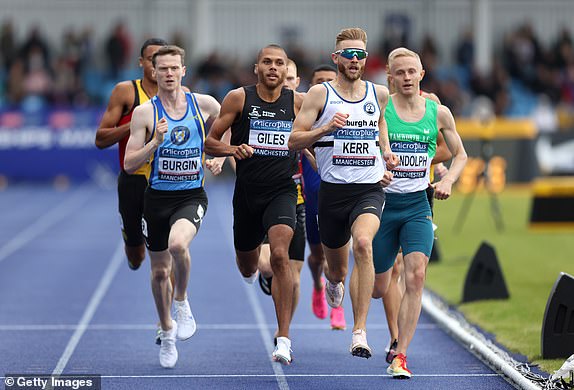 MANCHESTER, ENGLAND - JUNE 30: Elliot Giles of Team Birchfield Harriers and Josh Kerr of Team Edinburgh AC compete in the men's 800 meters final on day two of the 2024 UK Athletics Championships at Manchester Regional Arena on June 30, 2024 in Manchester, England. (Photo by Gary Oakley/Getty Images)