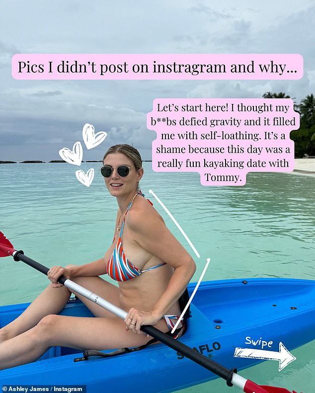 Despite looking gorgeous and happy in the photos, Ashley, 37, revealed she took them apart because she didn't like certain parts of her body in the snaps